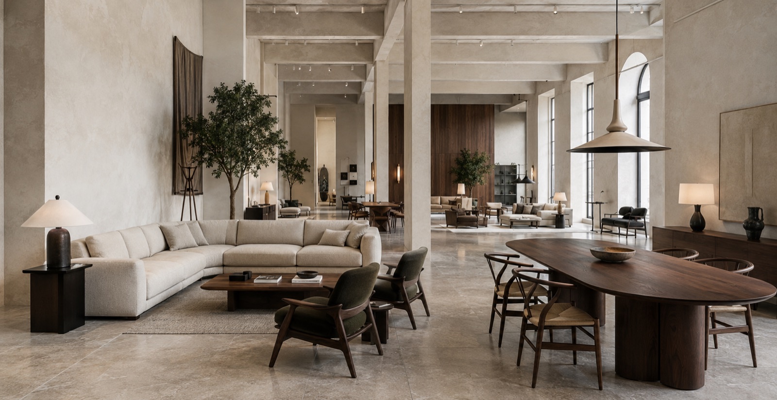 Showroom amplio con sillería de madera — referencia para verticales sociales