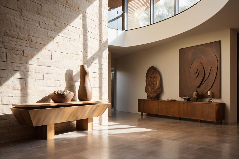 Sala mediterránea con consola de madera y jarrones cerámicos