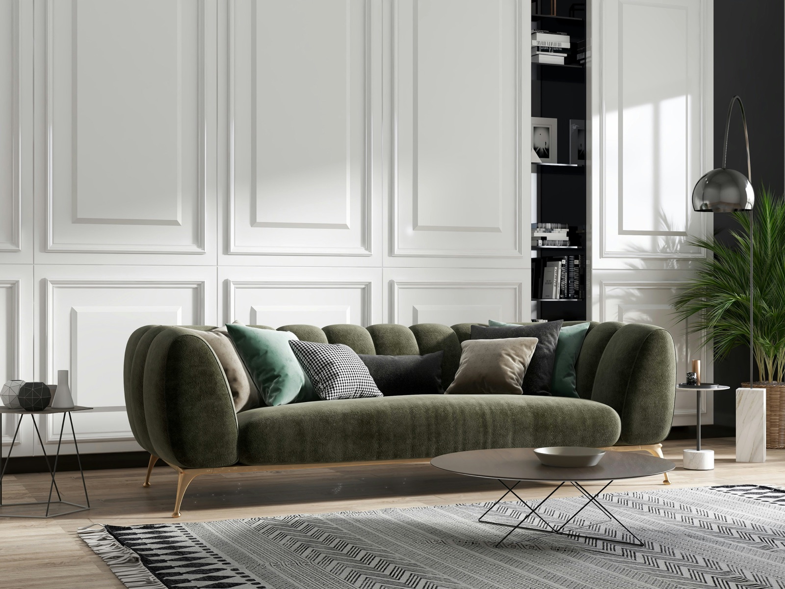 Referencia visual — sofá curvo de terciopelo verde con lámpara de arco y planta en salón panelado